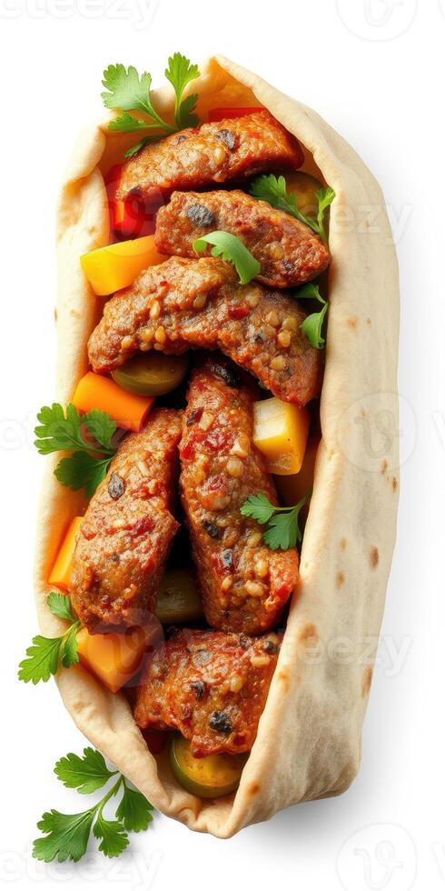 Savory grilled meat wrapped in fresh flatbread with colorful vegetables and herbs photo