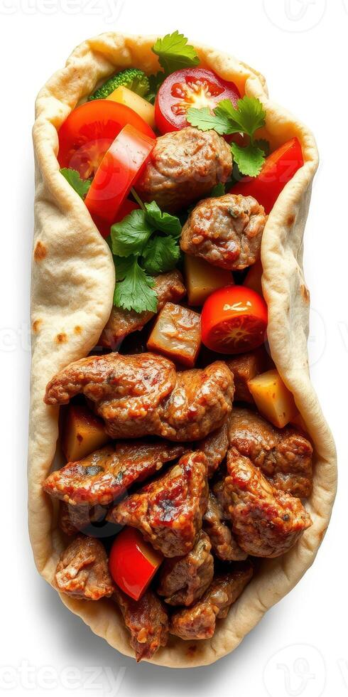 Delicious wrap filled with seasoned meat, fresh vegetables, and herbs served in a flatbread photo