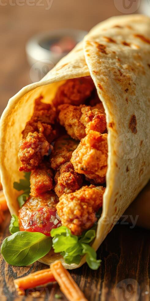 Crispy fried chicken wrapped in a tortilla with fresh greens and sauce served on a wooden table photo