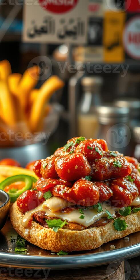 Delicious sandwich topped with spicy tomato sauce and served with fries in a vibrant restaurant setting photo