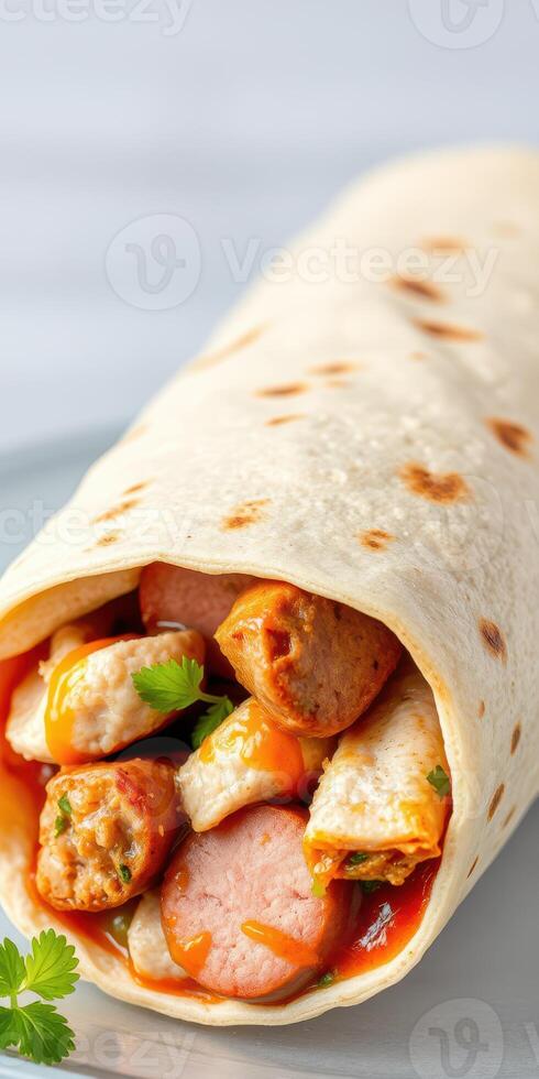 Delicious tortilla wrap filled with savory ingredients served on a light background photo