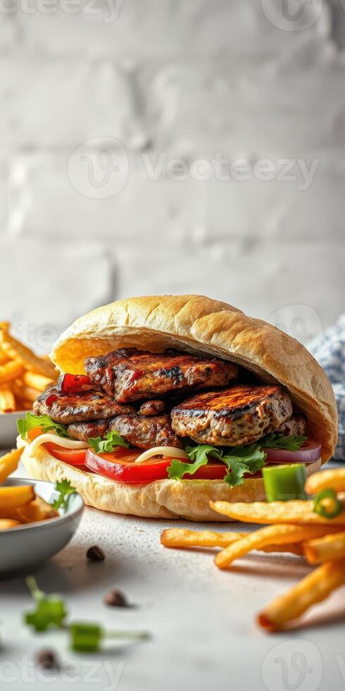 Delicious grilled chicken burger with fresh vegetables and crispy fries on a textured background photo