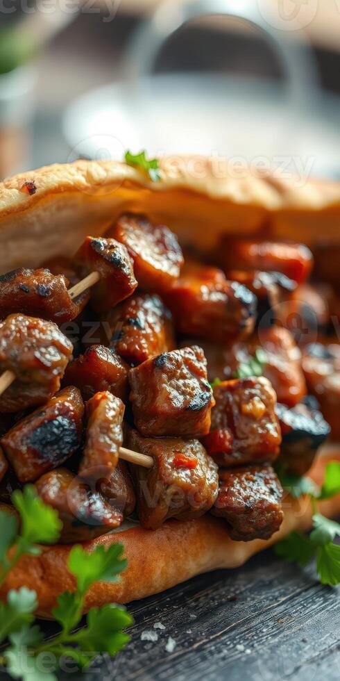 Grilled meat skewers served on a warm flatbread with fresh herbs and spices photo