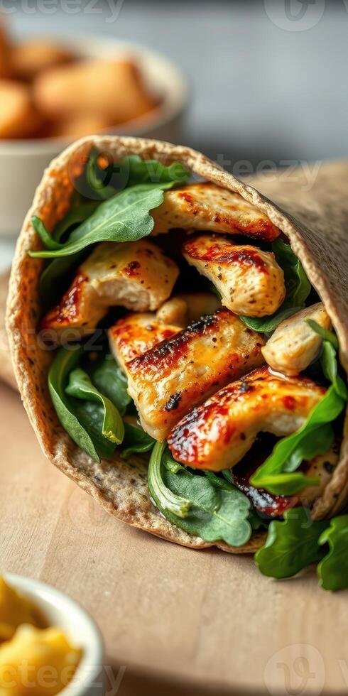 Delicious grilled chicken wrap with fresh greens served on a wooden table at a cozy cafe photo