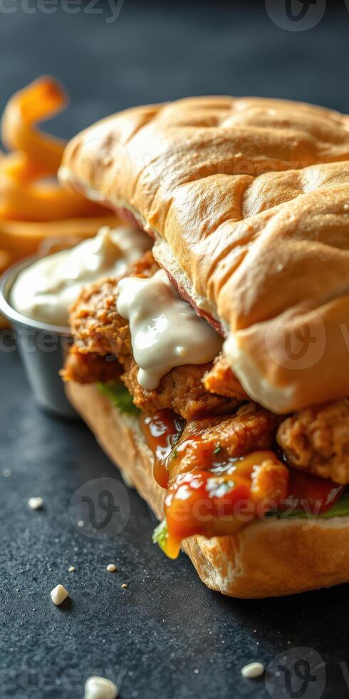 Crispy fried chicken sandwich with tangy sauce and side of fries served on a dark wooden table photo