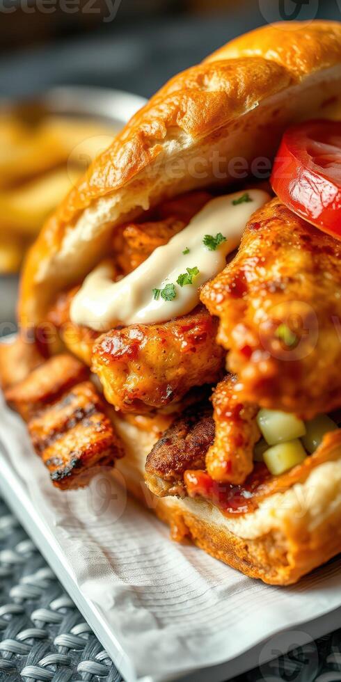 Delicious crispy chicken sandwich with toppings served on a plate alongside crispy fries photo