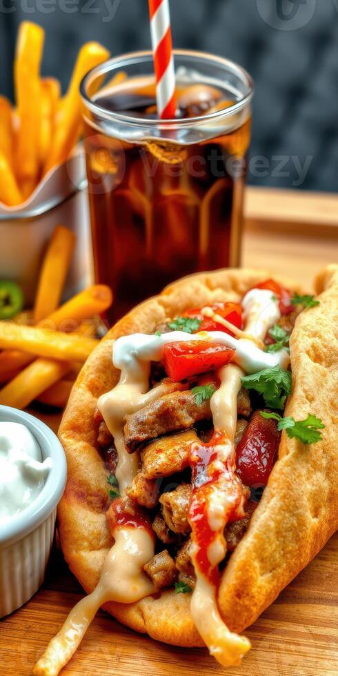 Delicious wrap with grilled meat, fresh vegetables, and sauces served with fries and refreshing drink in a cozy setting photo