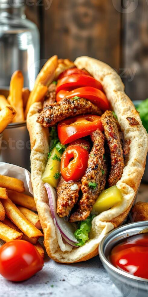 Delicious pita sandwich filled with grilled meat and fresh toppings served with crispy fries photo