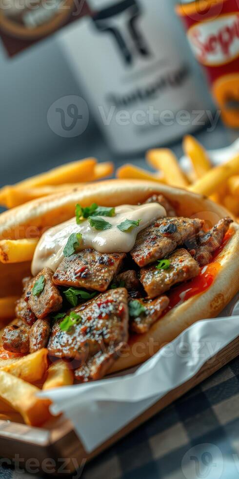 Juicy grilled meat served with crispy fries in a cozy dining setting during lunchtime photo