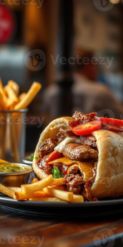 Delicious sandwich with savory toppings and crispy fries served in a bustling restaurant setting photo