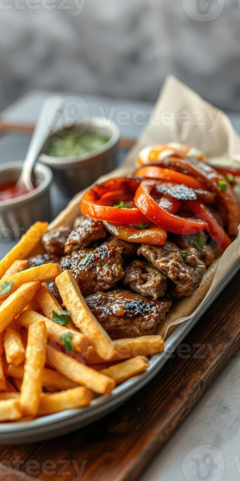 Grilled beef strips with bell peppers and fries served on a metal platter in a casual dining setting photo