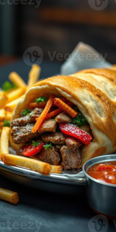 Delicious wrap filled with grilled meat and vegetables served with fries and dipping sauce photo
