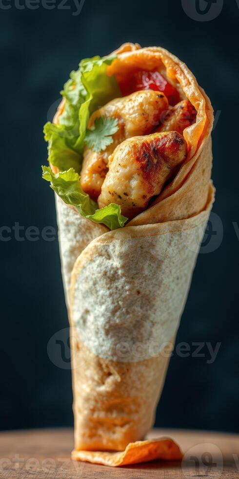Tasty grilled chicken wrap with fresh lettuce and tomato served on a wooden table photo
