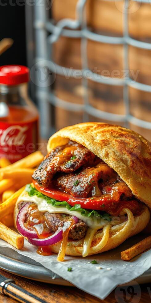 Juicy grilled burger with fresh toppings alongside crispy fries and a soft drink on a wooden table photo