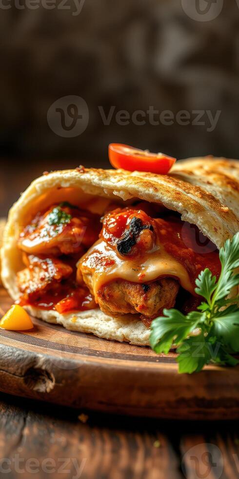 Delicious wrap filled with grilled chicken, spicy sauce, and fresh ingredients on a wooden table photo