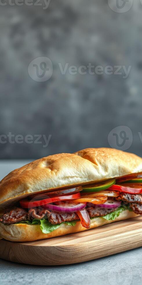 Delicious sandwich with grilled meat and fresh vegetables served on a wooden board photo