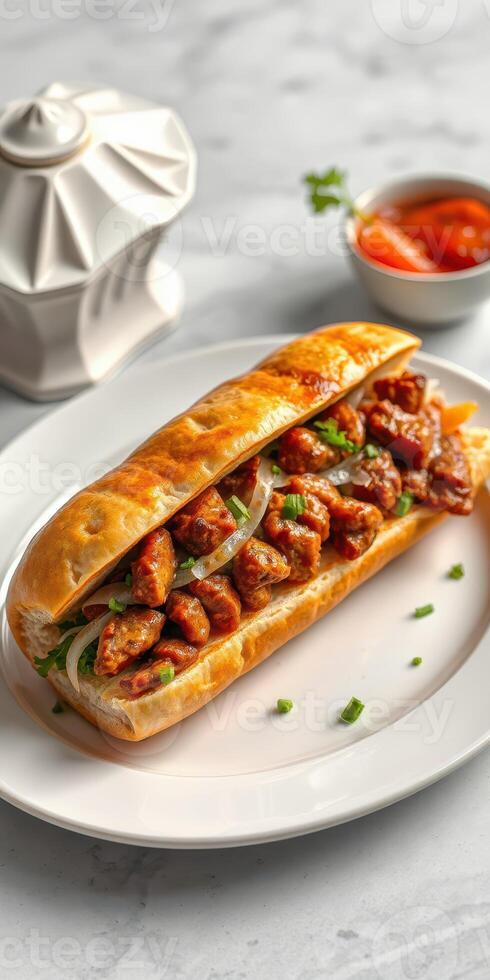 Delicious sandwich filled with juicy chicken and fresh vegetables served on a white plate in a well-lit setting photo