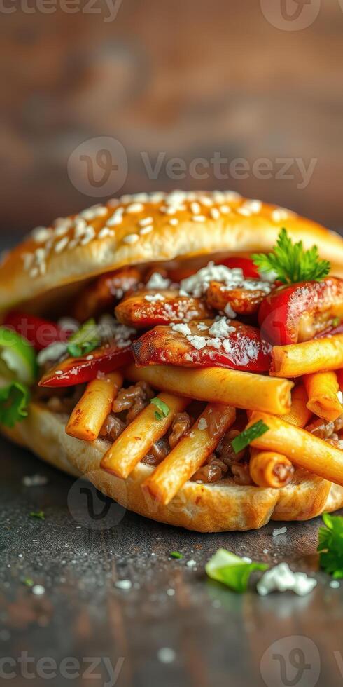 Delicious sandwich filled with crispy fries, grilled chicken, and vibrant vegetables bursting with flavor photo