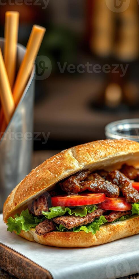 Delicious sandwich with grilled meat, fresh vegetables, and crispy lettuce served in a rustic setting photo