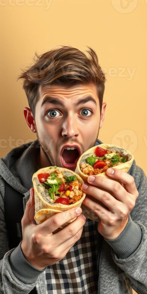 Young man shows excitement while holding two colorful wraps filled with fresh ingredients against a plain background photo