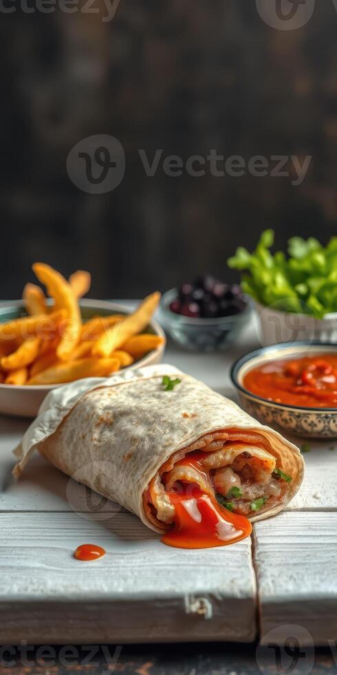 Delicious burrito with toppings served alongside fries and salsa in a warm setting photo