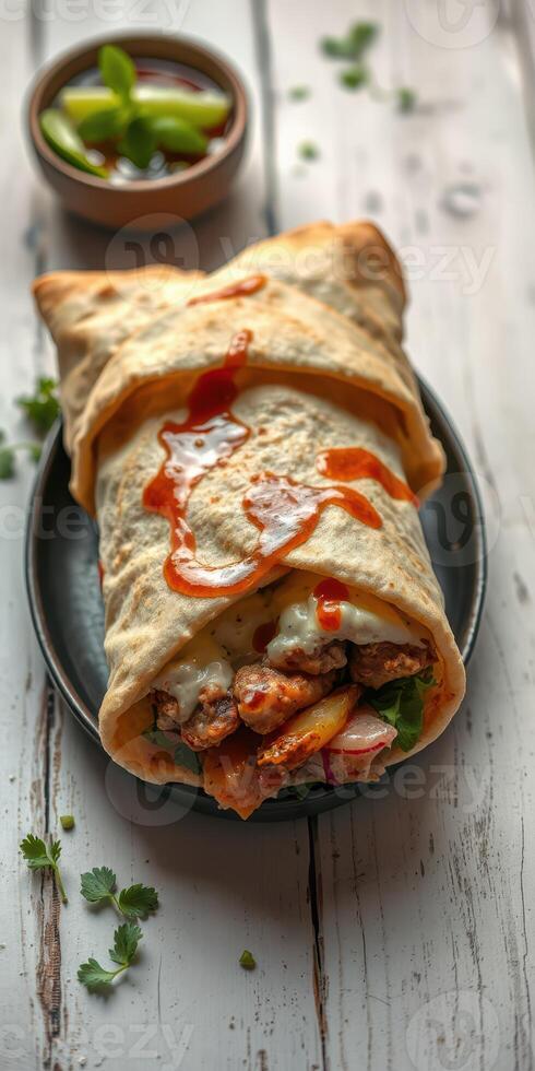 Delicious wrap filled with grilled chicken, fresh vegetables, and spicy sauce on a rustic table photo