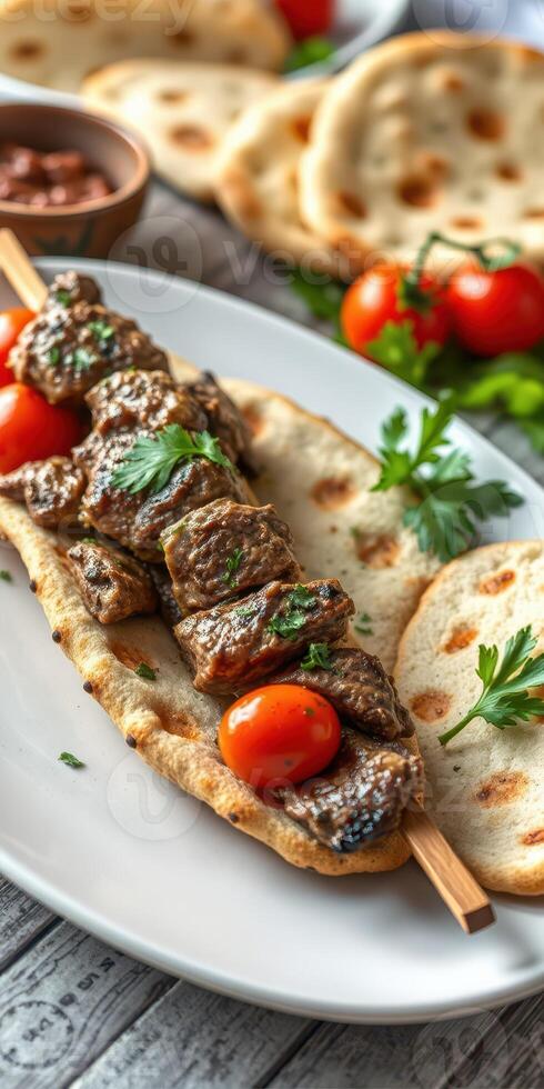 Delicious skewers of grilled meat served with naan and cherry tomatoes on a rustic wooden table photo