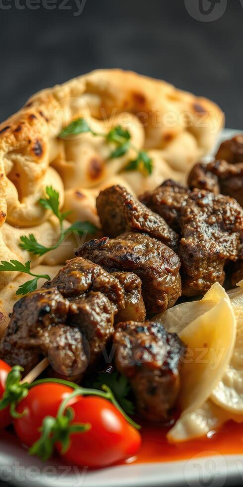 Juicy grilled meat skewers served with fresh bread and herbs on a rustic platter photo