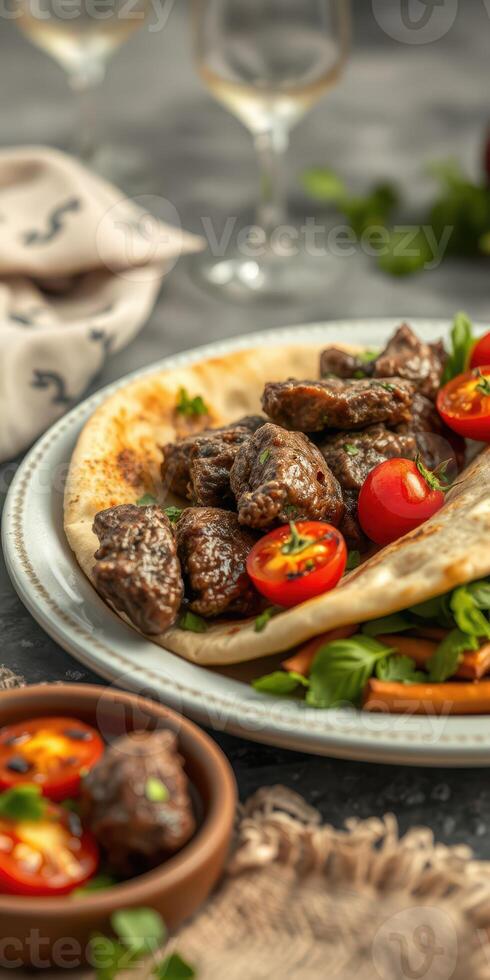 Delicious plate of grilled beef with fresh tomatoes and herbs on flatbread in a cozy dining setting photo