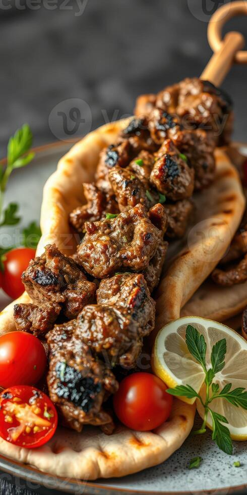 Grilled kebabs served with fresh tomatoes and pita bread in a vibrant setting photo