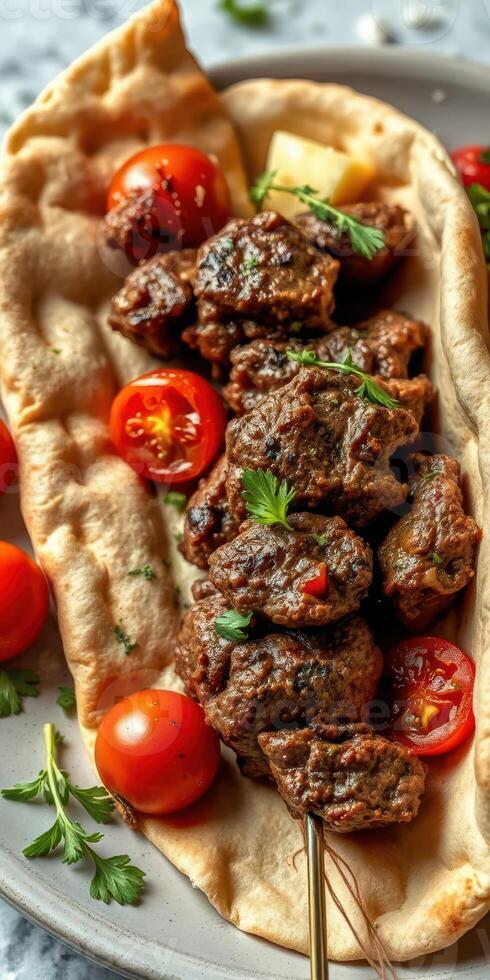Savory grilled meat skewers served on a flatbread with fresh cherry tomatoes and herbs photo