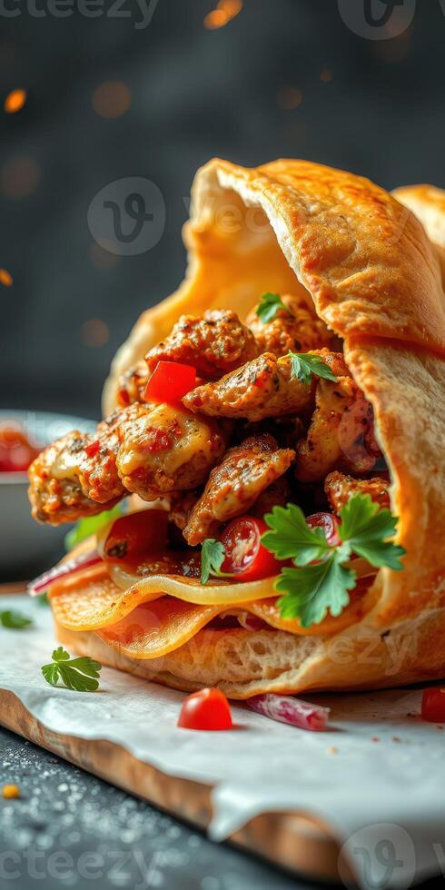 Delicious stuffed pastry filled with spicy chicken and fresh vegetables prepared in a rustic kitchen setting photo