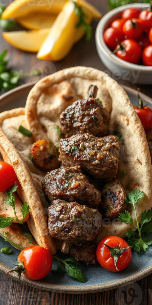 Grilled skewered meat served with fresh tomatoes and flatbread on a wooden table photo