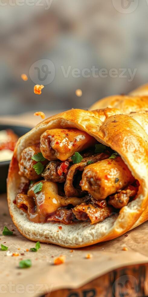 Deliciously prepared sandwich filled with savory meat and fresh herbs on a rustic table photo