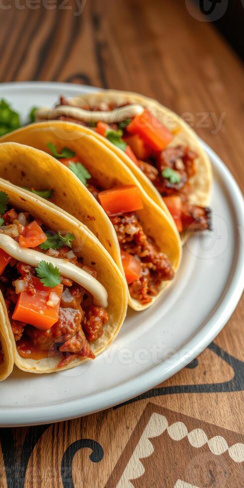 Delicious tacos filled with savory meat and fresh toppings on a wooden table photo