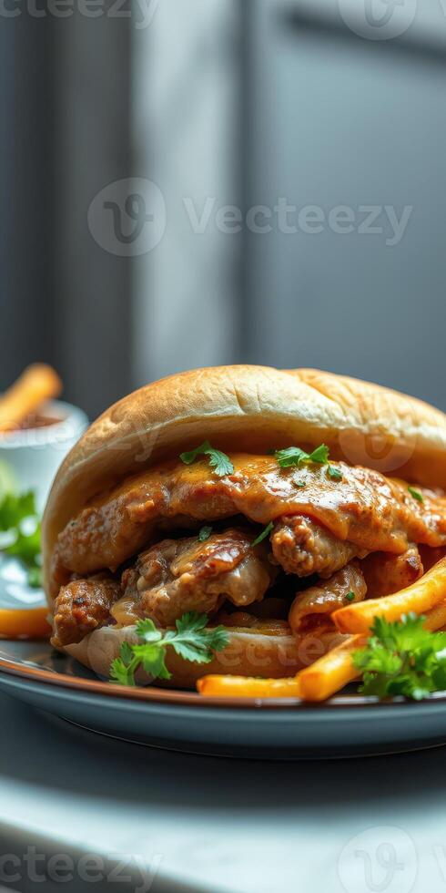 Delicious sandwich with chicken and fries served on a plate at a cozy restaurant setting photo