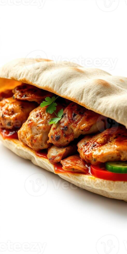 Grilled chicken sandwich with spicy sauce and fresh toppings served in a warm pita photo