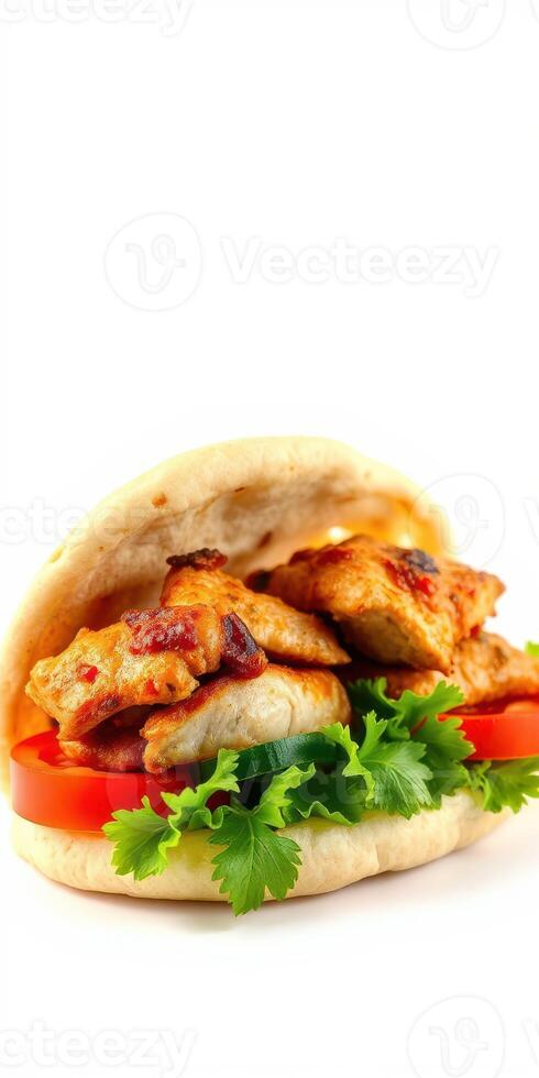 Delicious grilled chicken sandwich on soft bread with fresh vegetables and herbs ready to enjoy photo