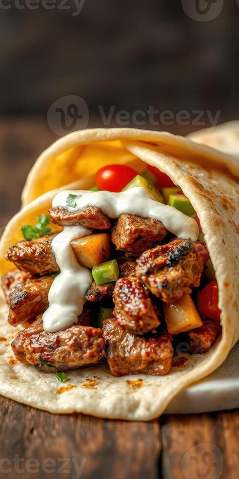Delicious beef wrap filled with grilled vegetables and creamy sauce on a rustic wooden table photo