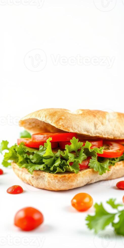 Fresh vegetable sandwich loaded with lettuce, tomatoes, and herbs on a light background photo