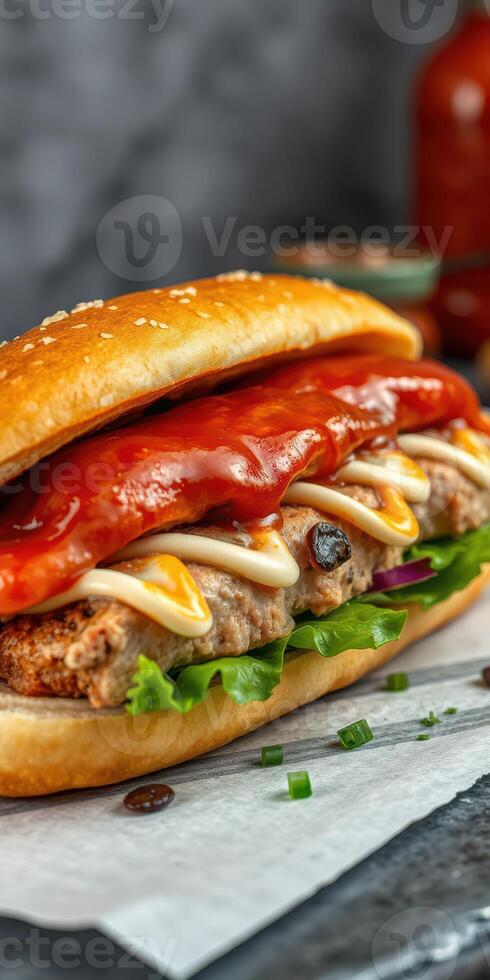 Delicious sandwich with fresh vegetables and condiments ready to be enjoyed at a casual dining spot photo