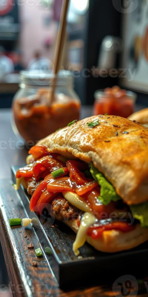 Delicious sandwich with fresh ingredients served in a cozy restaurant setting during lunchtime photo