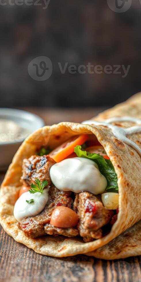 Delicious burrito stuffed with grilled meat, beans, and fresh vegetables served on a wooden table photo