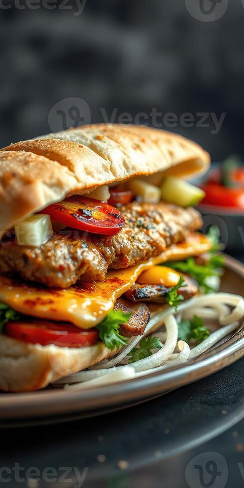 Delicious sandwich loaded with fresh ingredients and savory meat served on a dark wooden table photo