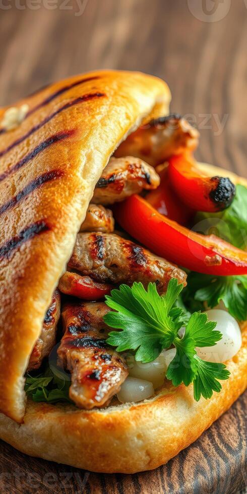 Grilled chicken sandwich with fresh vegetables served on a wooden table in a cozy cafe setting photo