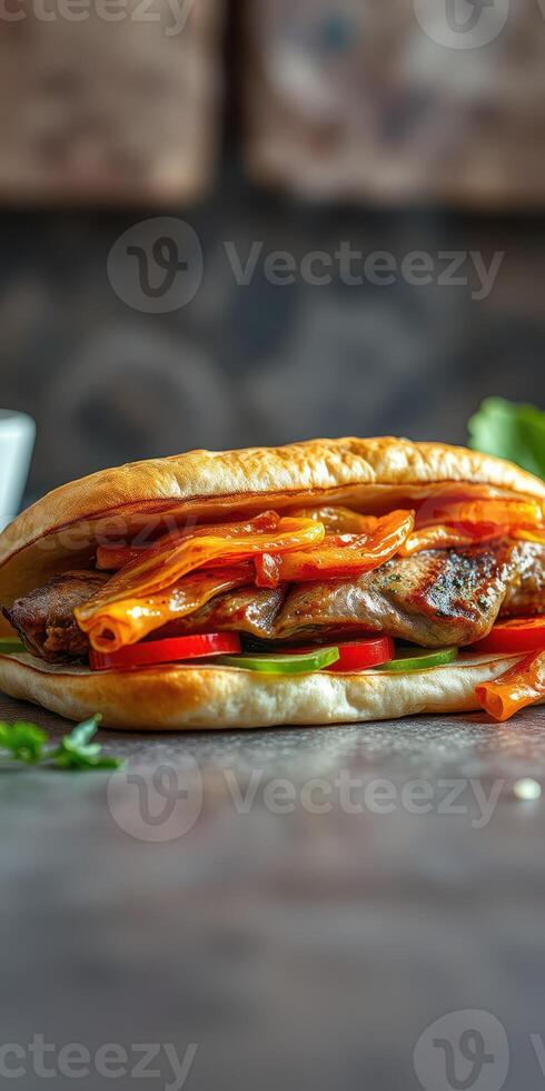 Delicious sandwich filled with grilled meat and fresh vegetables showcased on a rustic table photo