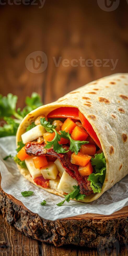 Delicious wrap filled with fresh vegetables and savory meat served on a rustic wooden table photo