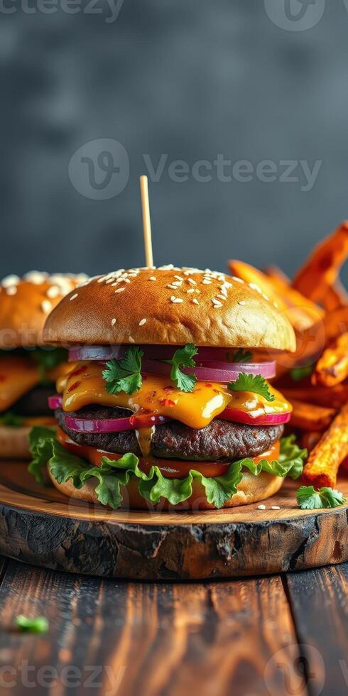 Juicy burger with cheese and fresh toppings served with crispy sweet potato fries at a rustic restaurant photo