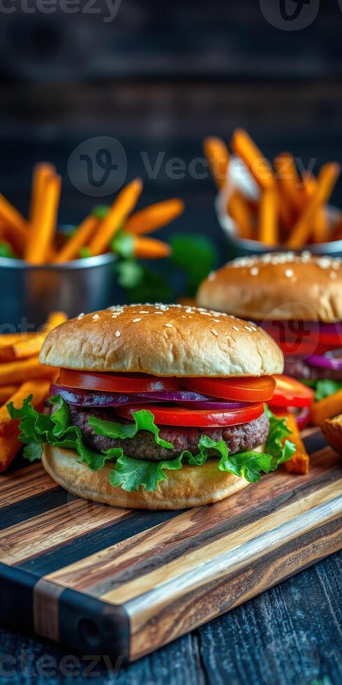 Juicy burger loaded with fresh vegetables and served with crispy fries in a cozy eatery photo
