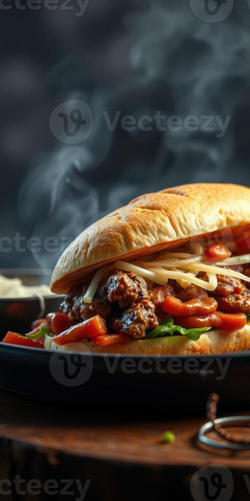 Juicy beef sandwich served with fresh vegetables and herbs creating a delicious meal perfect for lunch or dinner photo